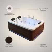 Hot Tub Built for Dual Occupancy, Advanced Hydrotherapy Jets, LED Lighting, Composite Wood Exterior — infographic